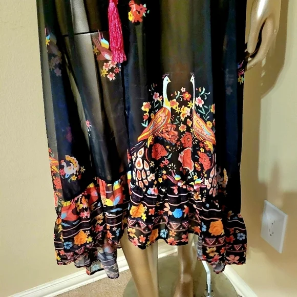 NWOT Floral Shirred Waist Tie Front Ruffle Hem Boho Sheer Dress Sz M - Picture 8 of 16